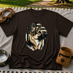 German Shepherd American Flag design on a Dark Chocolate T-shirt.