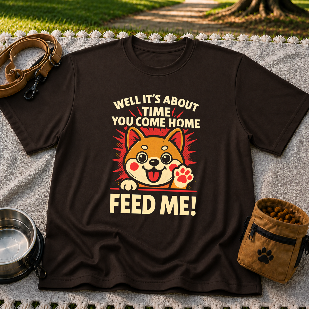 Shiba Inu Feed Me artwork on a Dark Chocolate T-shirt.