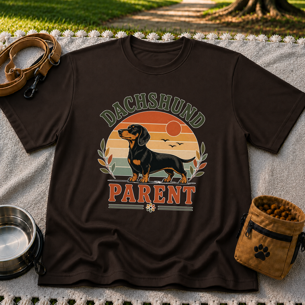 Dark Chocolate T-shirt mockup featuring dachshund portrait in a striped sunset badge with Dachshund Parent lettering.
