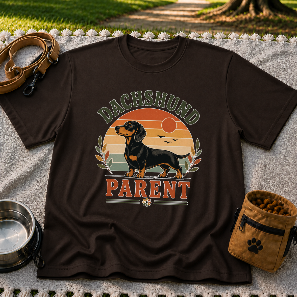 Dark Chocolate T-shirt mockup featuring dachshund portrait in a striped sunset badge with Dachshund Parent lettering.