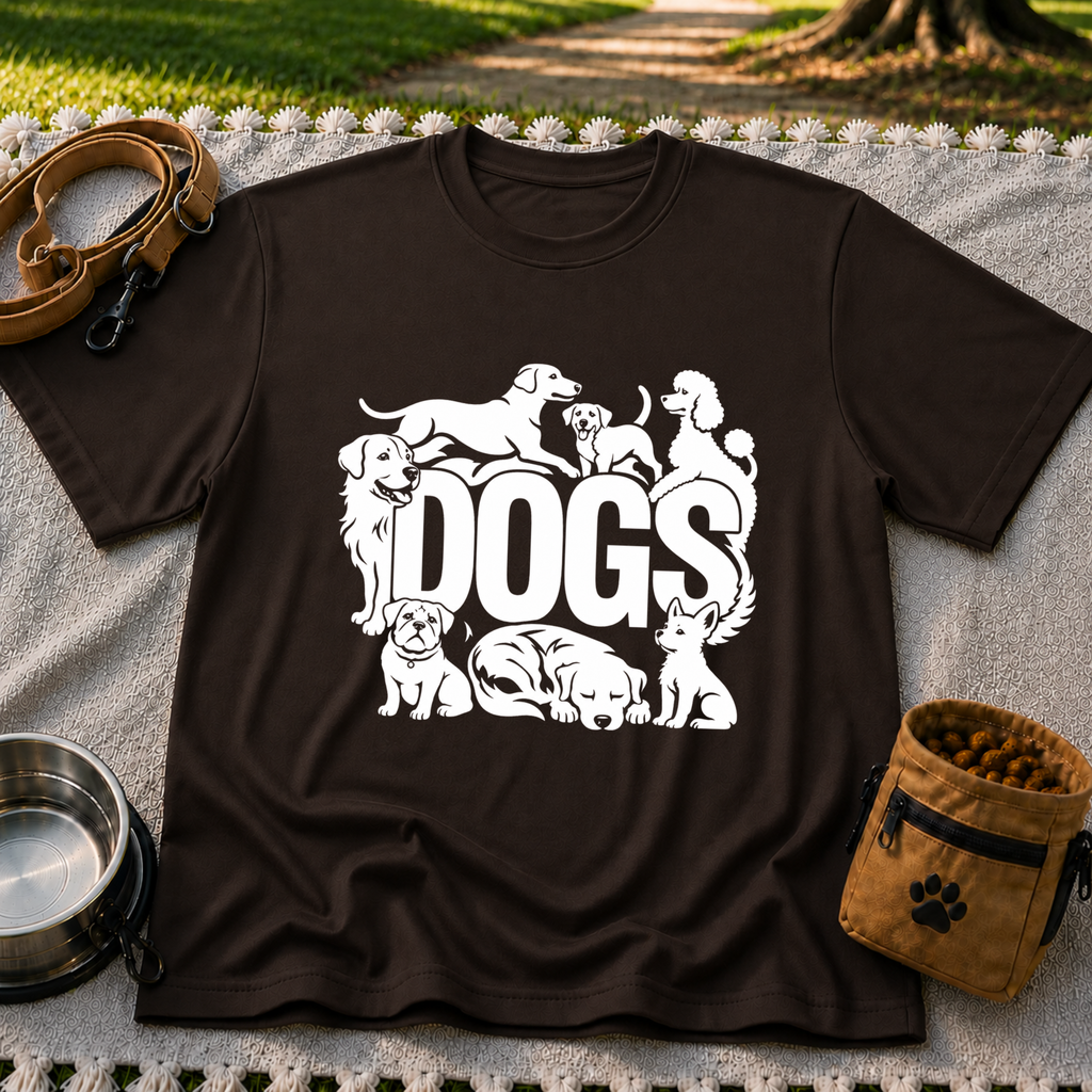the word “Dogs” surrounded by several dog portraits. On a Dark Chocolate T-shirt.