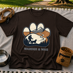 Dark Chocolate T-shirt mockup featuring hiker and dog following a mountain trail framed inside a paw print.