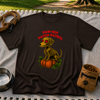 Paw-kin Patch Patrol Dachshund Halloween Dog design on a Dark Chocolate T-shirt.