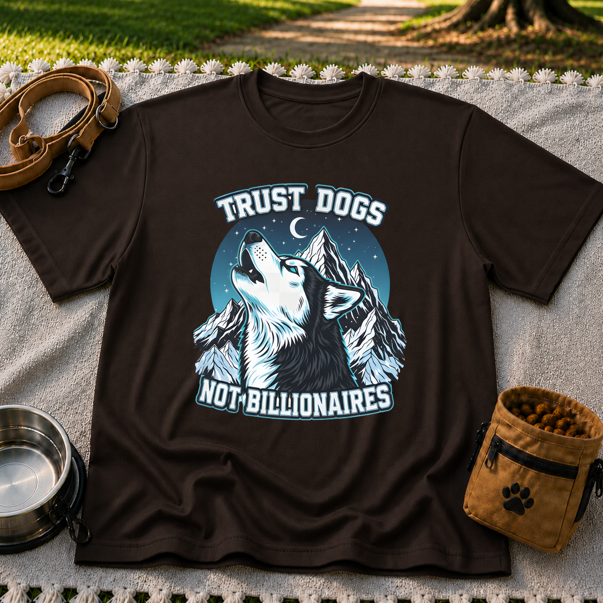 Dark Chocolate T-shirt mockup featuring howling Husky against a rugged blue-toned mountain landscape.
