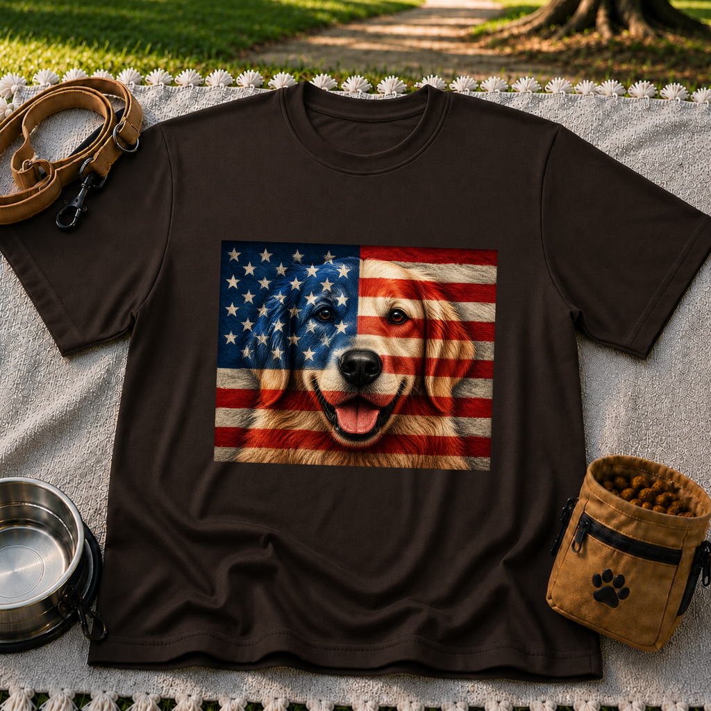 Patriotic Golden Retriever Flag design on a Dark Chocolate T-shirt.