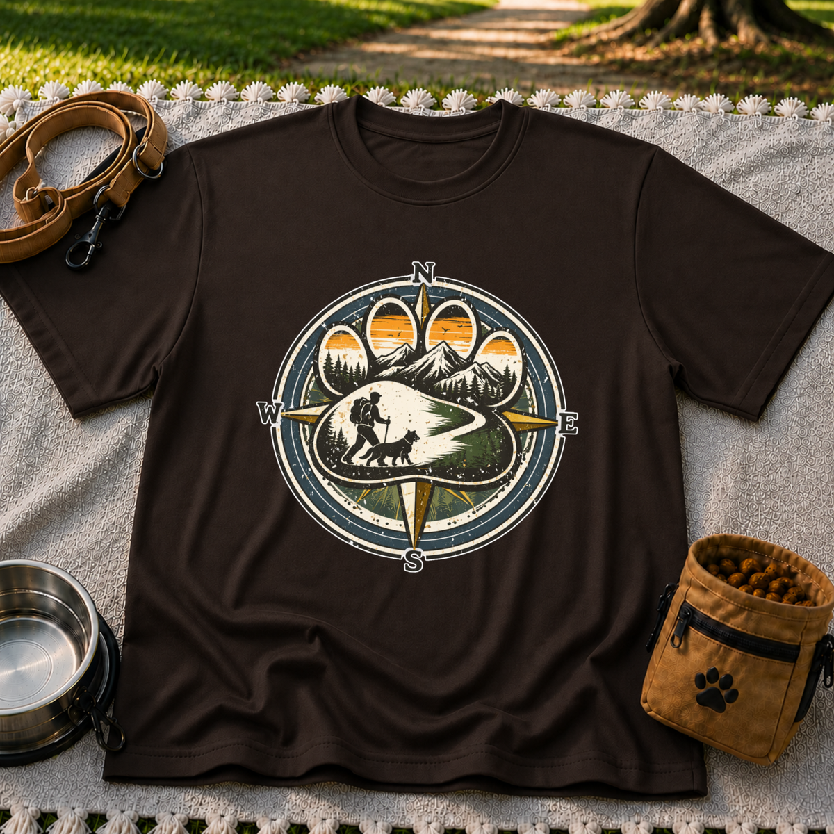 Dark Chocolate T-shirt mockup featuring compass rose framing a hiker and dog on a mountain trail.