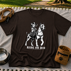 Dark Chocolate T-shirt mockup featuring cowboy-hat Chihuahua riding a Great Dane above Ride or Die lettering.