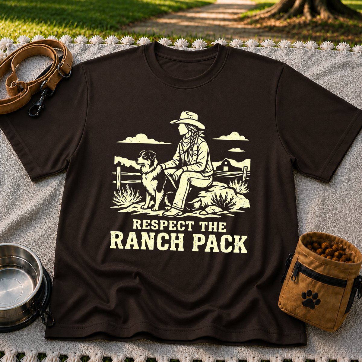 Dark Chocolate T-shirt mockup featuring western ranch scene with a rider, dog, open landscape, and Respect the Ranch Pack lettering.