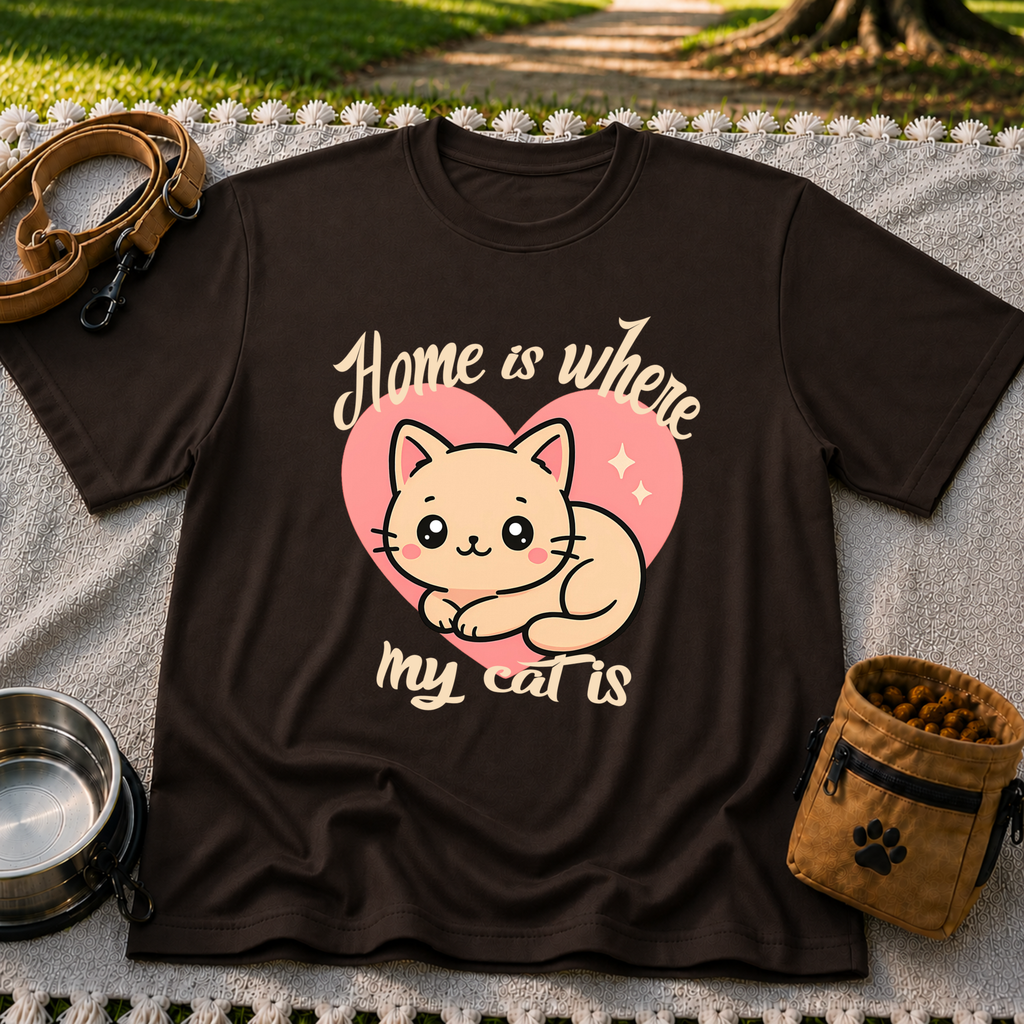 Dark Chocolate T-shirt mockup featuring kawaii cat resting inside a pink heart with Home Is Where My Cat Is lettering.