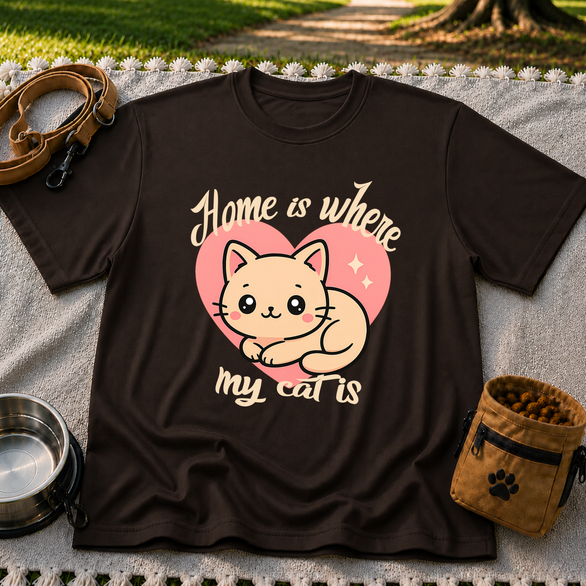 Dark Chocolate T-shirt mockup featuring kawaii cat resting inside a pink heart with Home Is Where My Cat Is lettering.