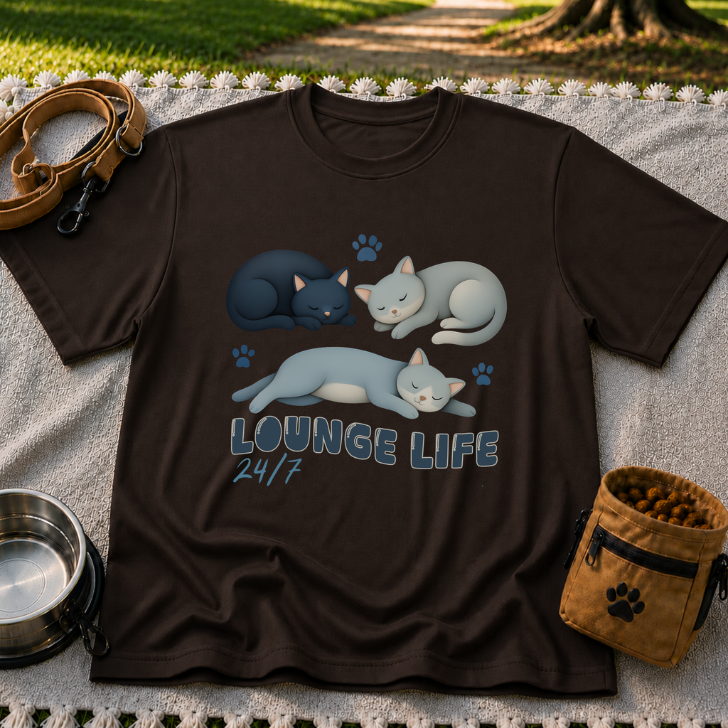 Lounge Life Cat design on a Dark Chocolate T-shirt.