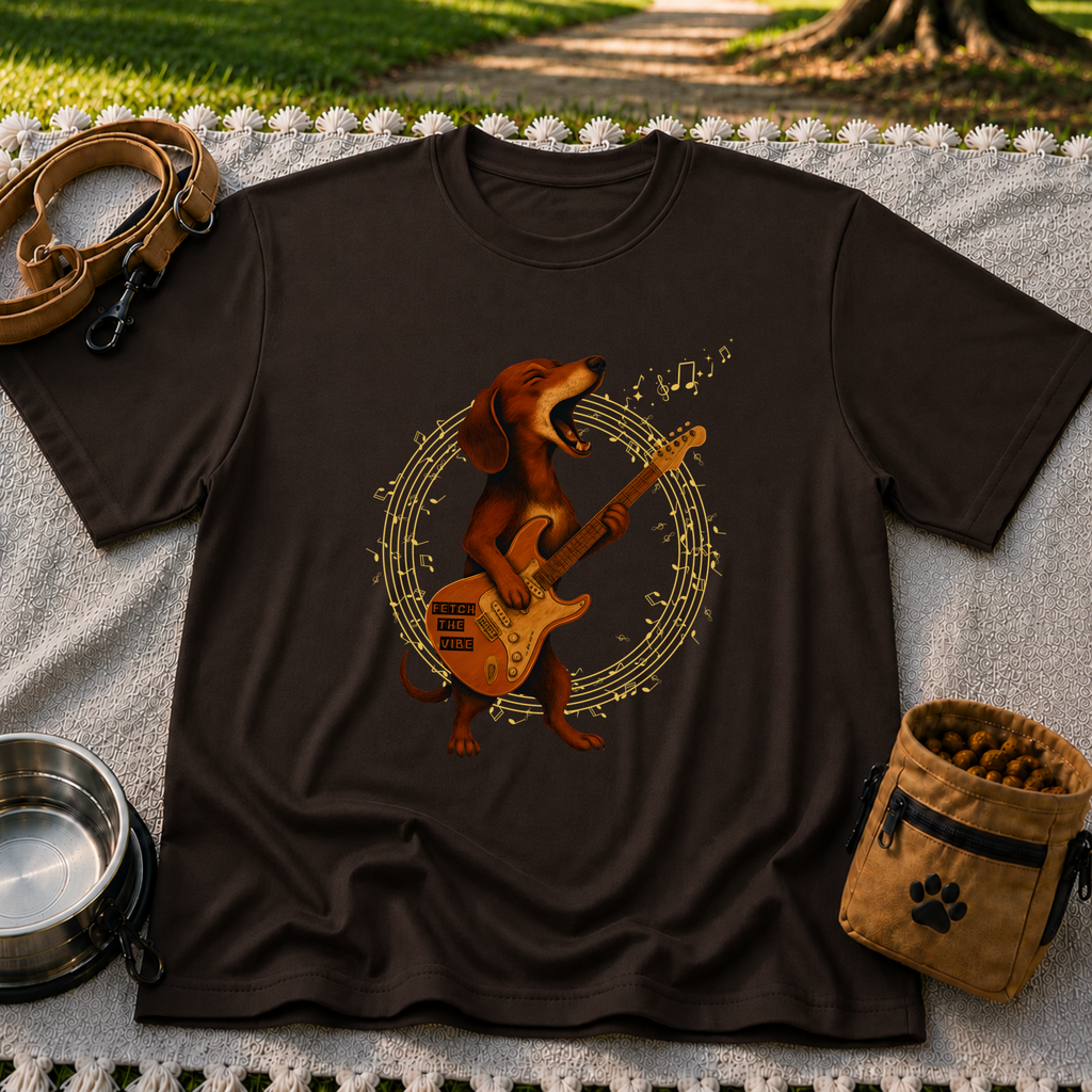 Rockin’ Dachshund Guitar artwork on a Dark Chocolate T-shirt.