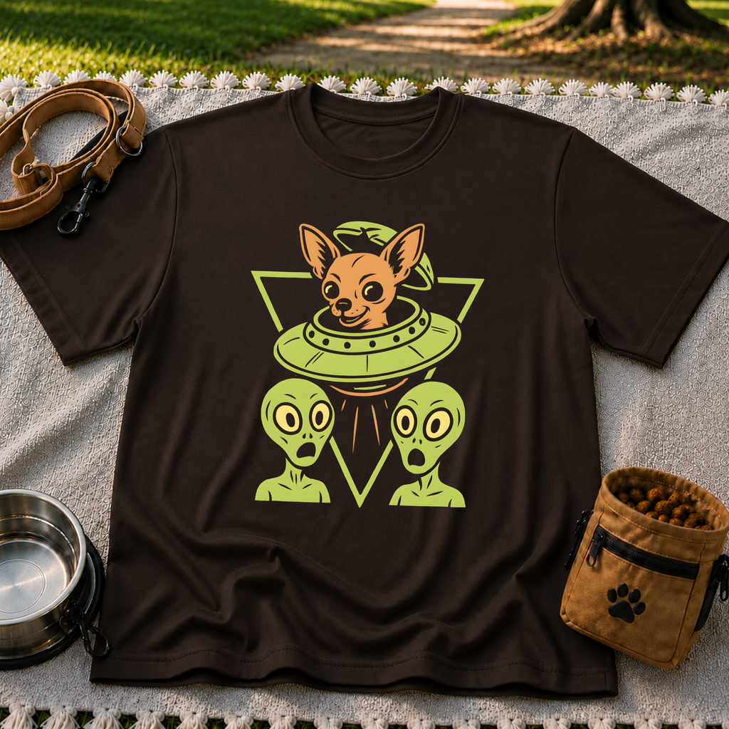 Dark Chocolate T-shirt mockup featuring oversized-eared Chihuahua in a flying saucer above two small aliens.