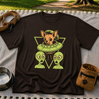 Dark Chocolate T-shirt mockup featuring oversized-eared Chihuahua in a flying saucer above two small aliens.