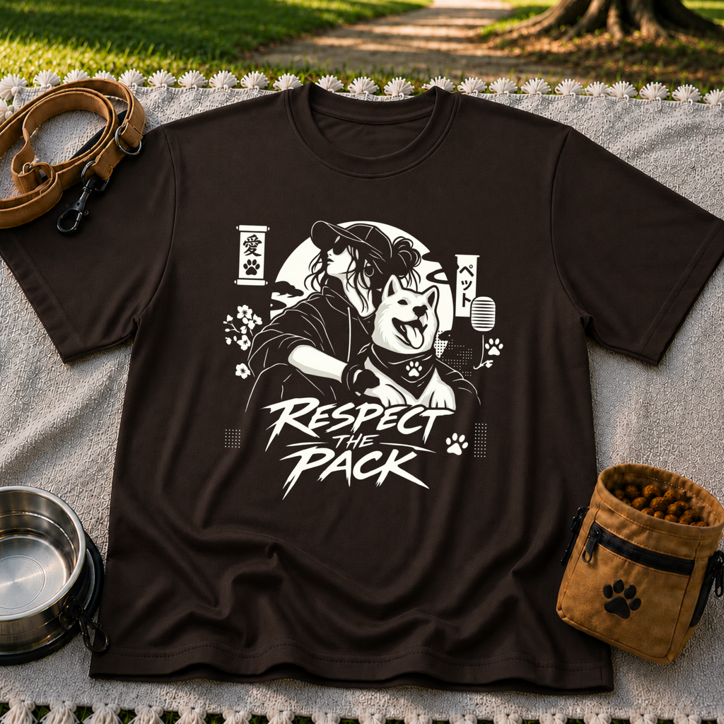 Dark Chocolate T-shirt mockup featuring illustrated dog beside stylized lettering that reads Respect the Pack.