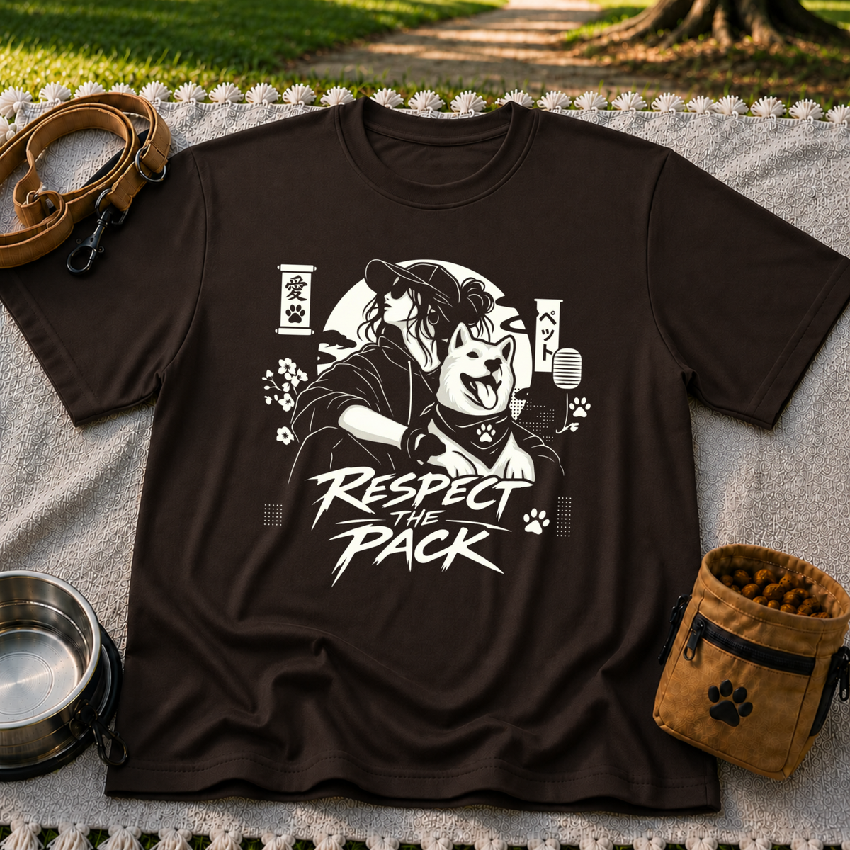 Dark Chocolate T-shirt mockup featuring illustrated dog beside stylized lettering that reads Respect the Pack.