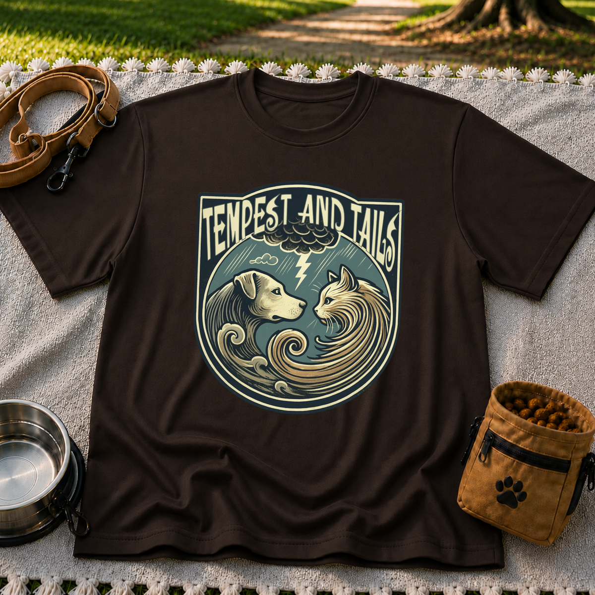 Tempest and Tails Companion Crest artwork on a Dark Chocolate T-shirt.
