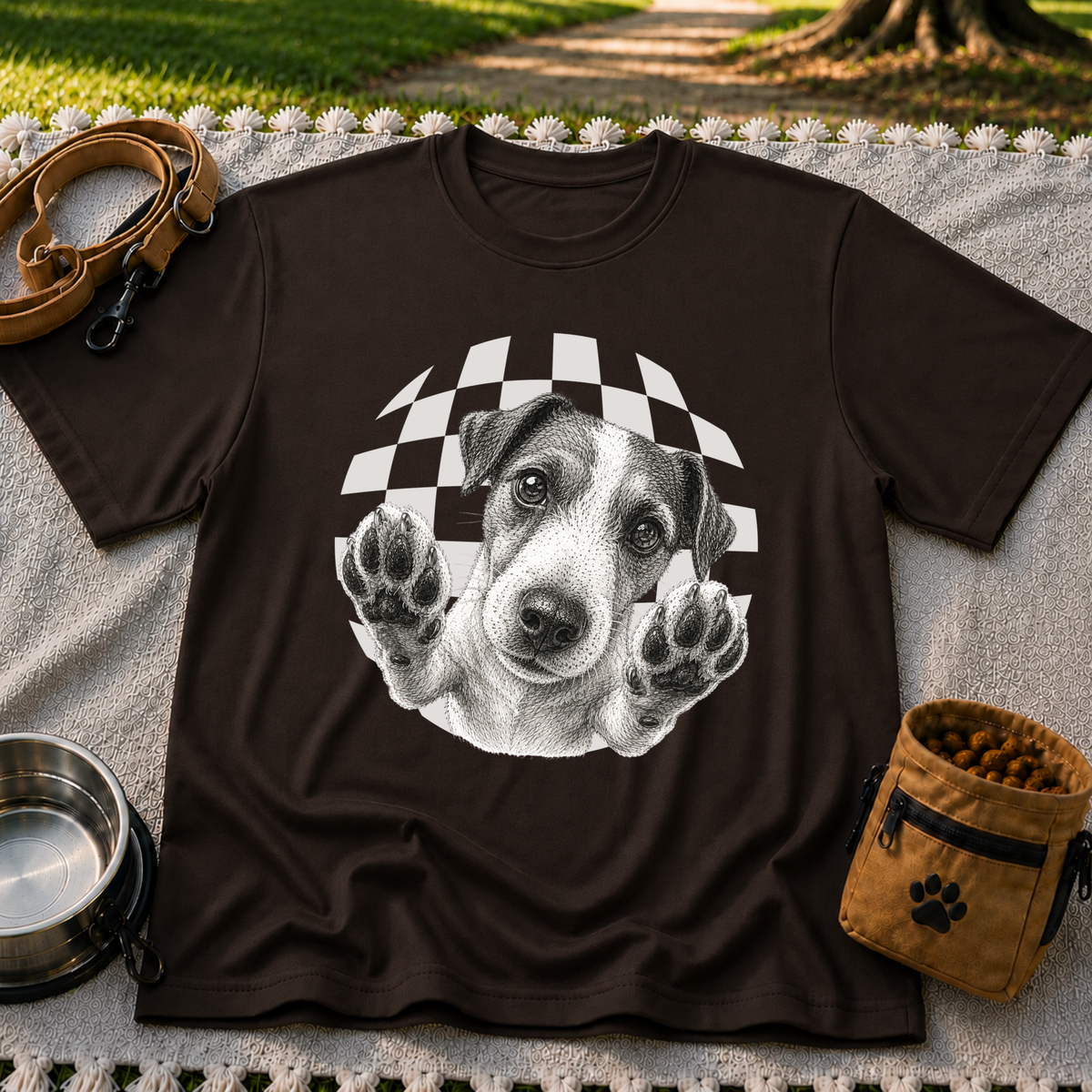 Jack Russell Terrier Paws Up artwork on a Dark Chocolate T-shirt.