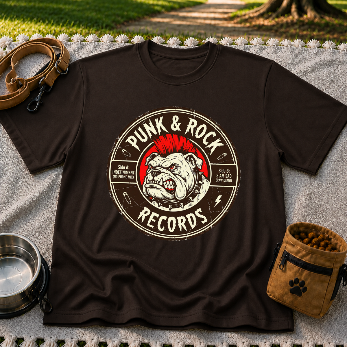 Punk & Rock Bulldog Records design on a Dark Chocolate T-shirt.