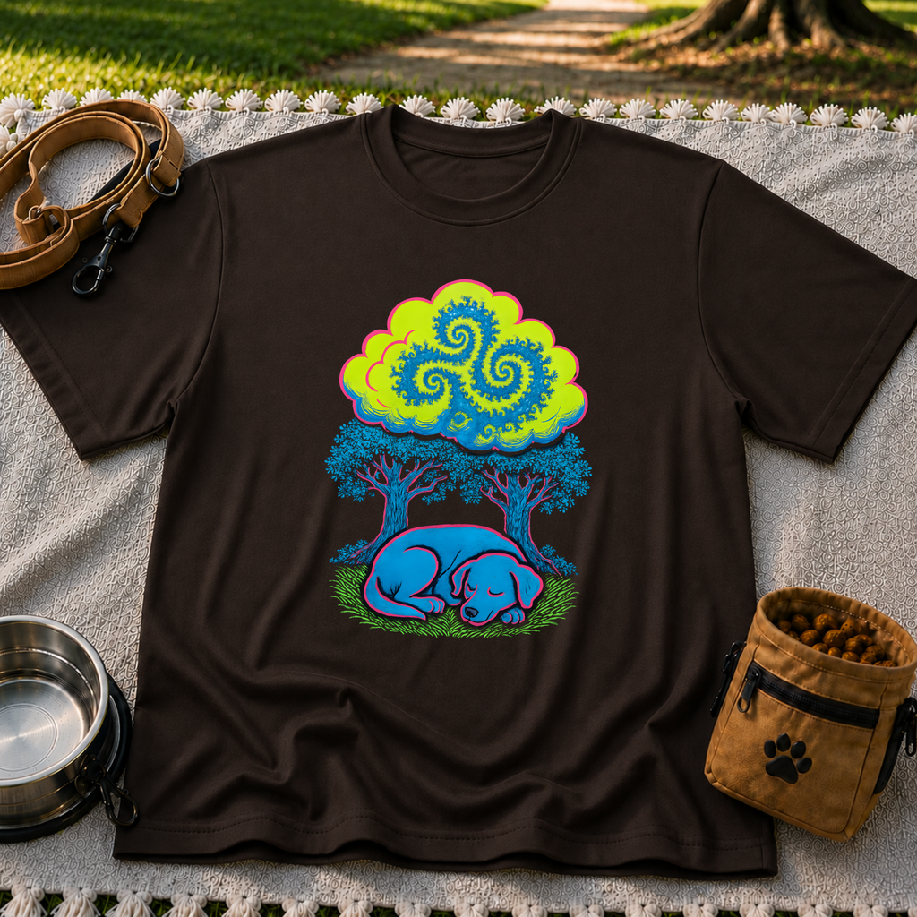 Psychedelic Sleeping Dog artwork on a Dark Chocolate T-shirt.
