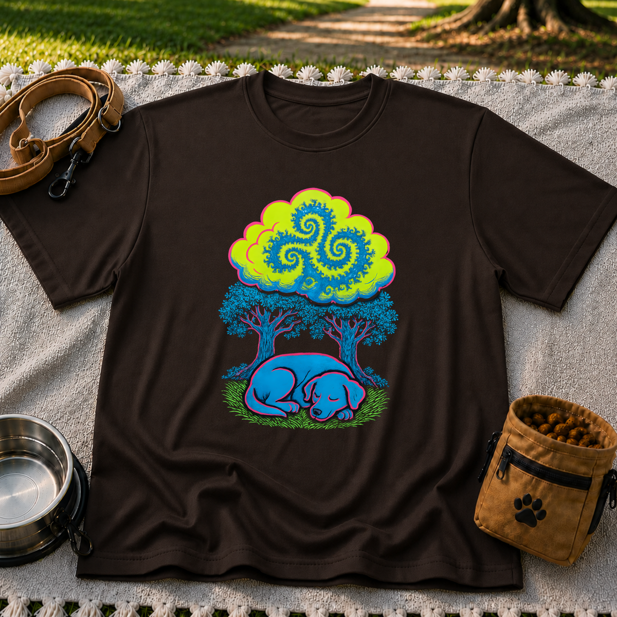 Psychedelic Sleeping Dog artwork on a Dark Chocolate T-shirt.