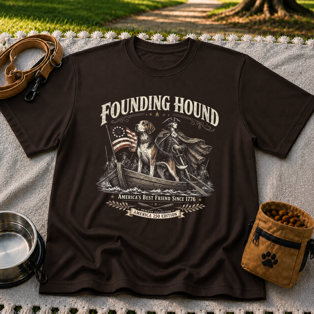 a founding-era American scene with hounds and patriotic details. On a Dark Chocolate T-shirt.