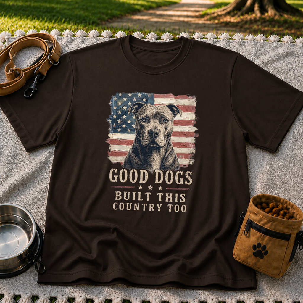 Dark Chocolate T-shirt mockup featuring pit bull portrait in front of a weathered American flag.