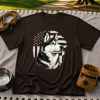 Patriotic Siberian Husky Dog design on a Dark Chocolate T-shirt.
