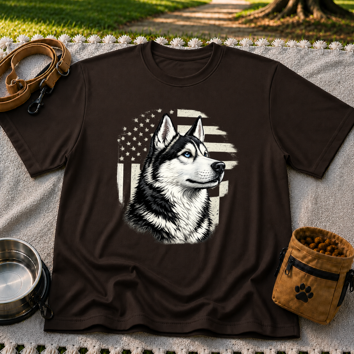 Patriotic Siberian Husky Dog design on a Dark Chocolate T-shirt.