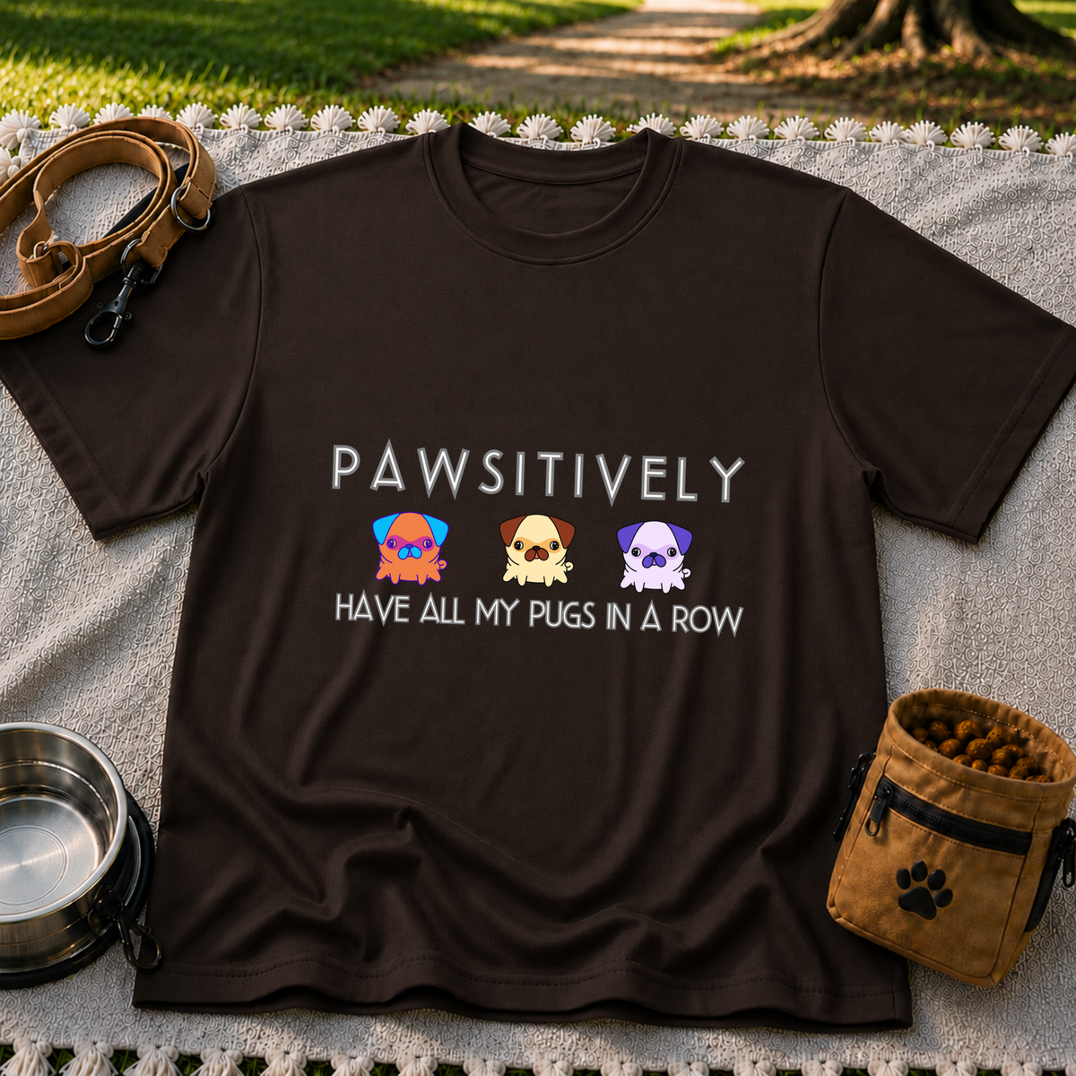 a row of three pugs beneath “Pawsitively all my pugs in a row”. On a Dark Chocolate T-shirt.