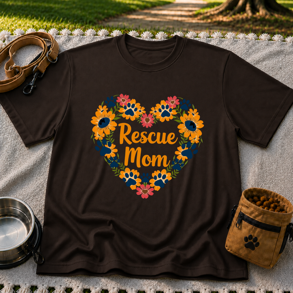 Rescue Mom Floral Paw design on a Dark Chocolate T-shirt.