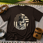 Dark Chocolate T-shirt mockup featuring Blue Heeler portrait with a weathered American flag and stars.