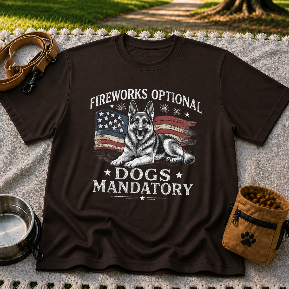a German Shepherd beside “Fireworks optional, dogs mandatory”. On a Dark Chocolate T-shirt.