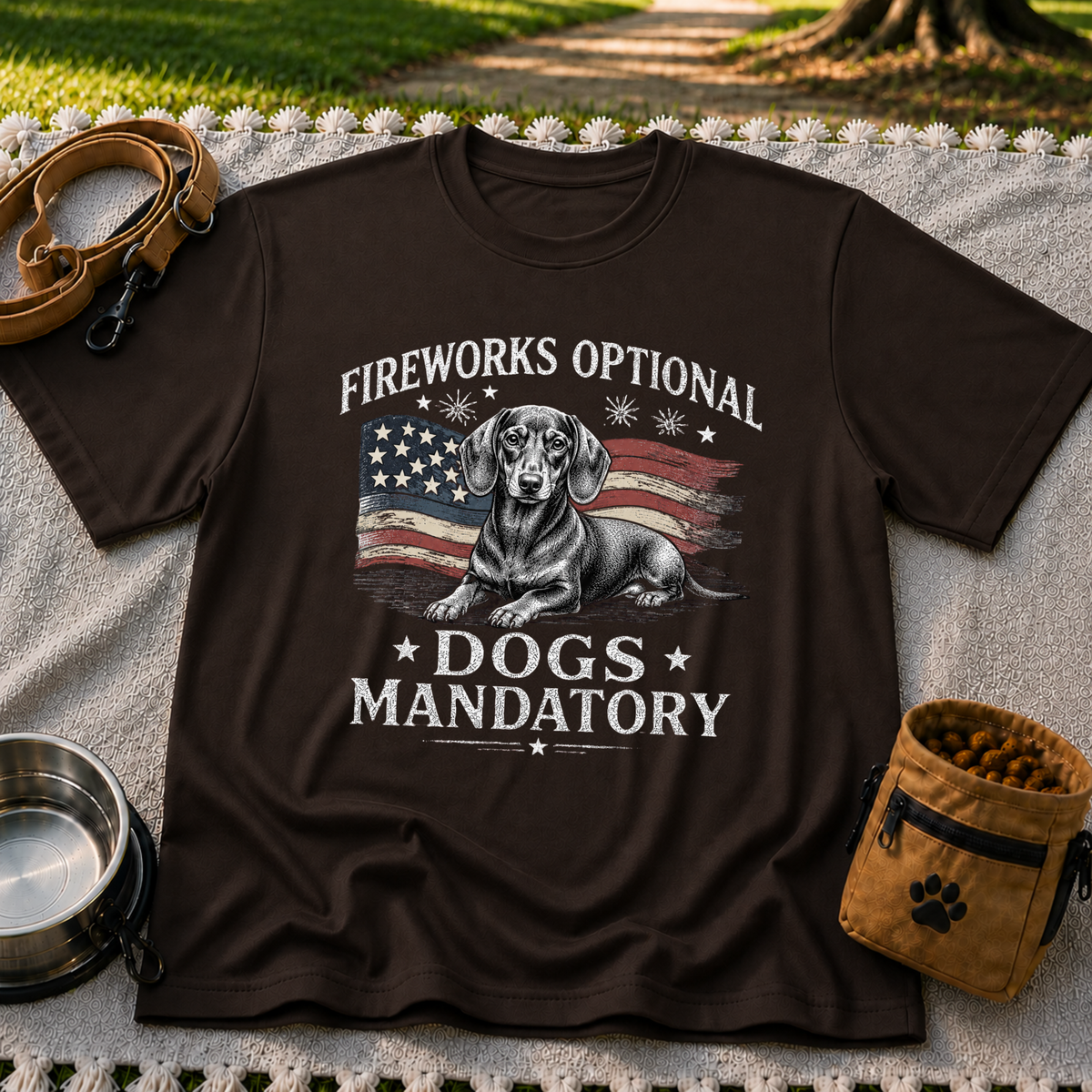 a Dachshund beside “Fireworks optional, dogs mandatory”. On a Dark Chocolate T-shirt.