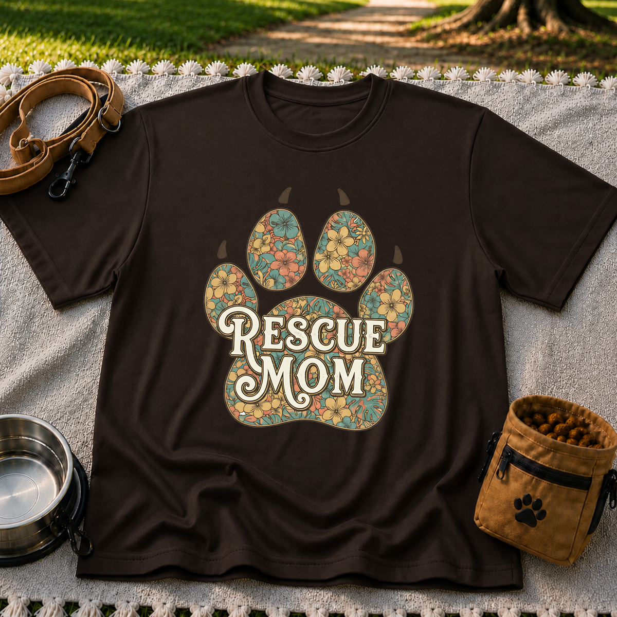 Rescue Mom Floral Paw Print design on a Dark Chocolate T-shirt.