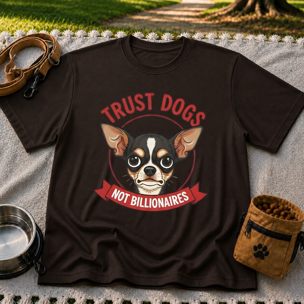 Dark Chocolate T-shirt mockup featuring Chihuahua portrait above a red Trust Dogs Not Billionaires banner.