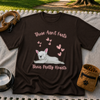 Dark Chocolate T-shirt mockup featuring reclining French Bulldog surrounded by pink hearts and the Pretty Hearts joke.