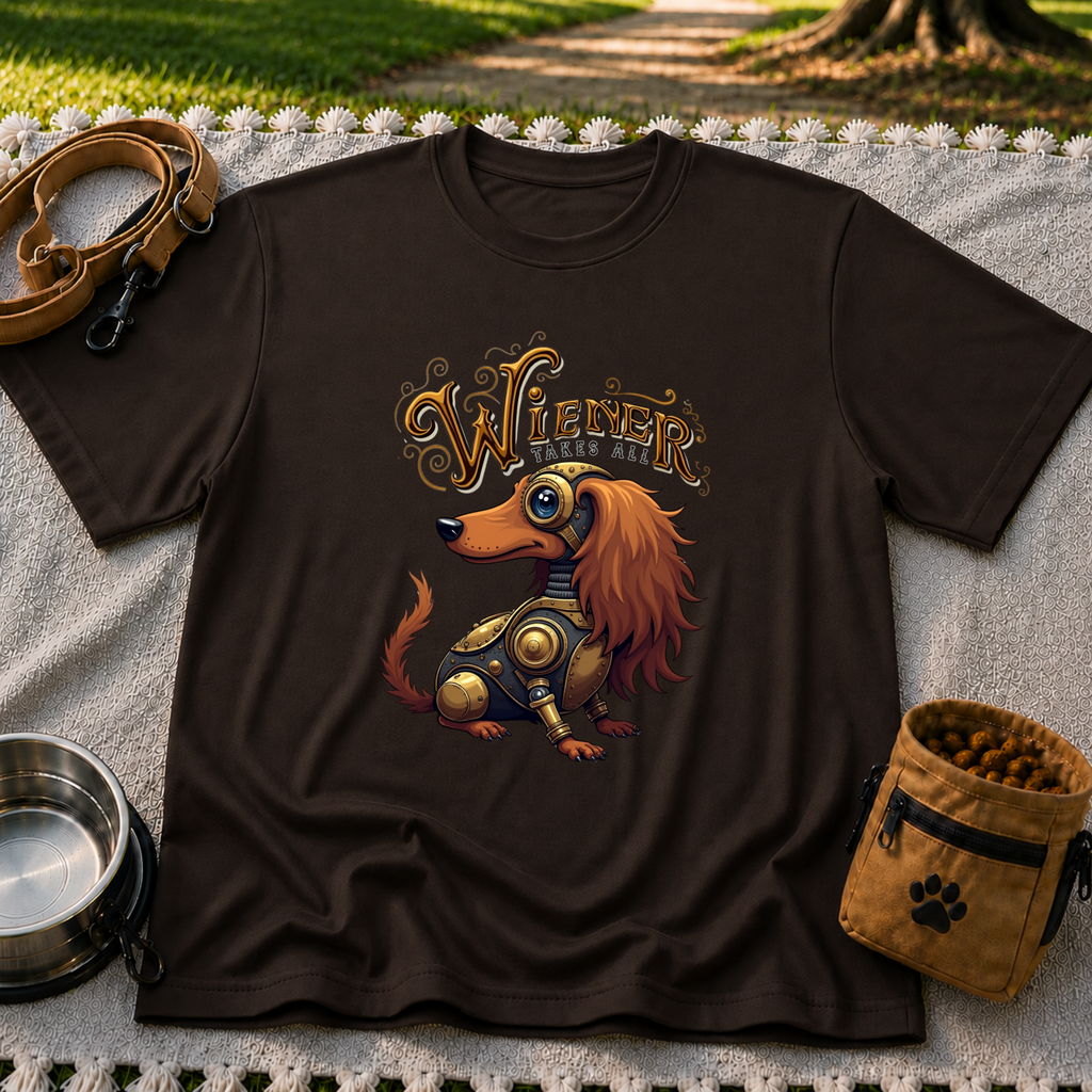 Wiener Takes All Steampunk Dachshund design on a Dark Chocolate T-shirt.