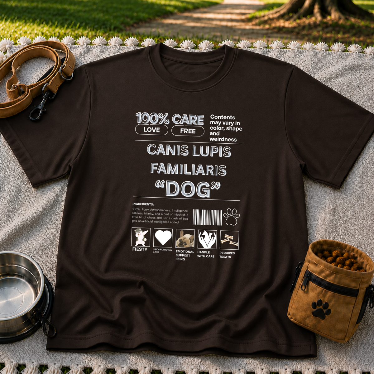 Dark Chocolate T-shirt mockup featuring Canis Lupus Familiaris and Dog lettering in an infographic with small canine drawings.