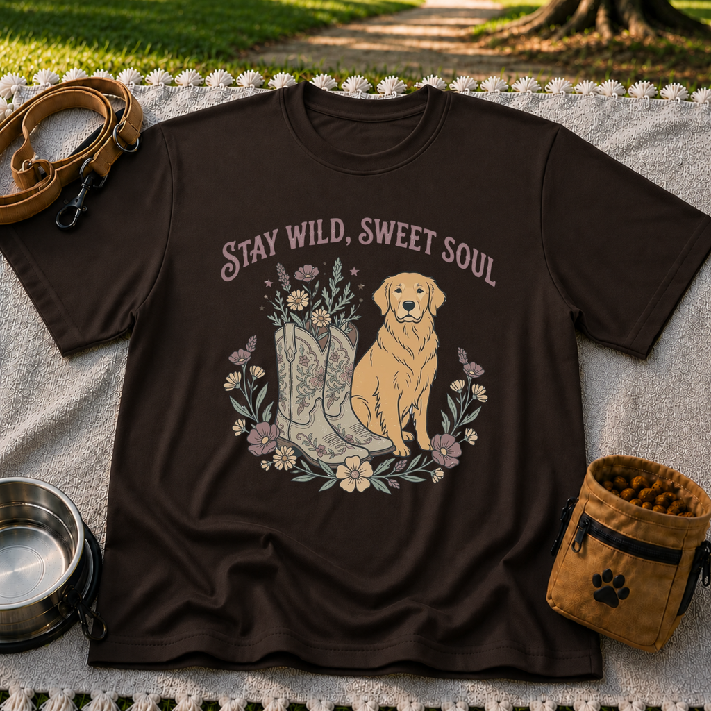 Dark Chocolate T-shirt mockup featuring golden-coated dog beside floral cowboy boots and flowers beneath Stay Wild Sweet Soul.