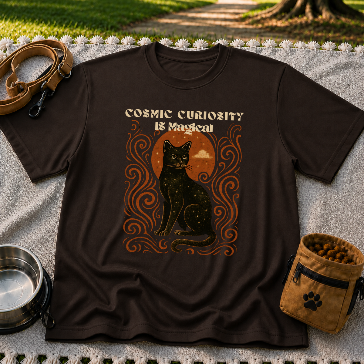 Black cat, moonlike circle and surrounding stars on a Dark Chocolate T-shirt.