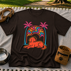 Psychedelic Dog Palm Trees design on a Dark Chocolate T-shirt.
