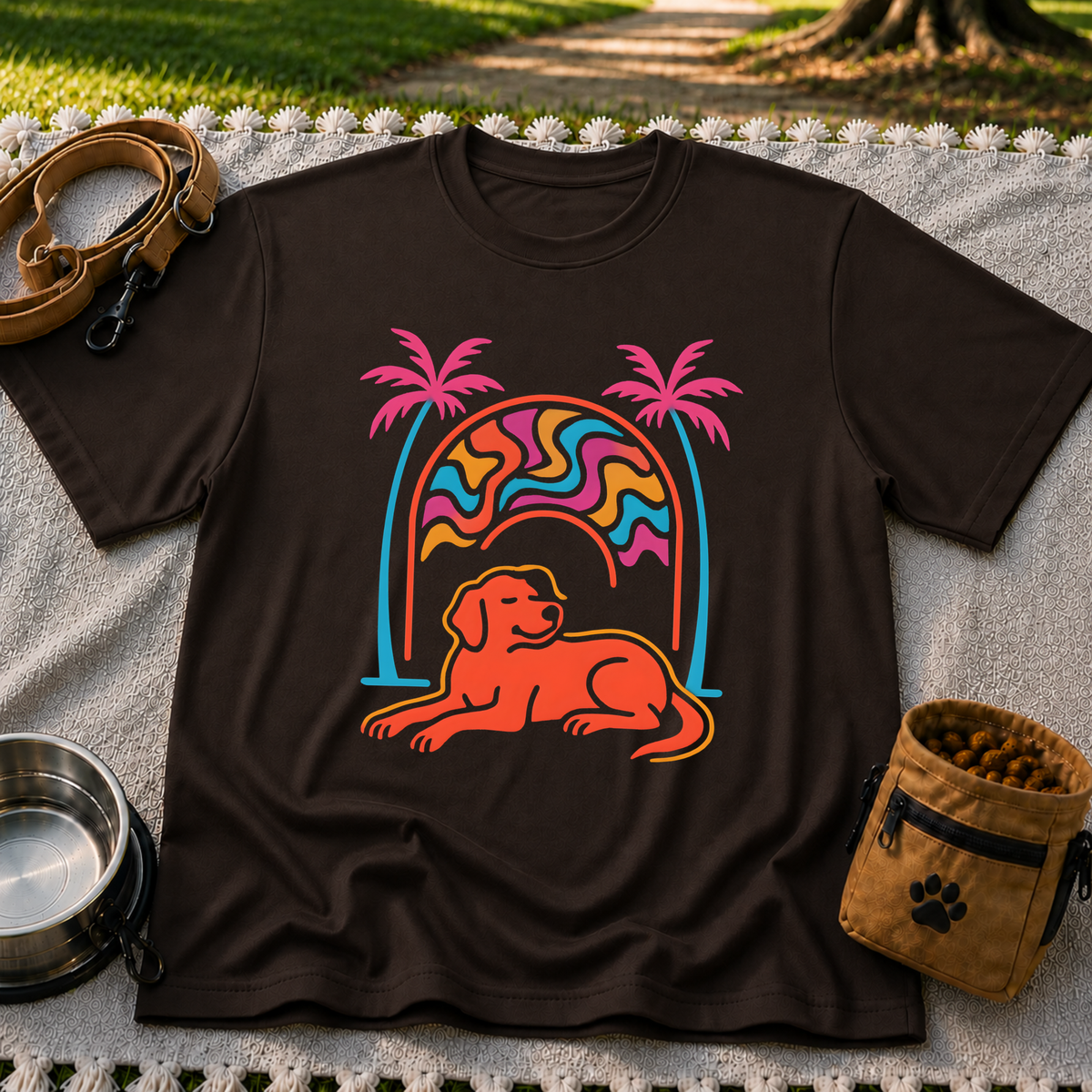 Psychedelic Dog Palm Trees design on a Dark Chocolate T-shirt.