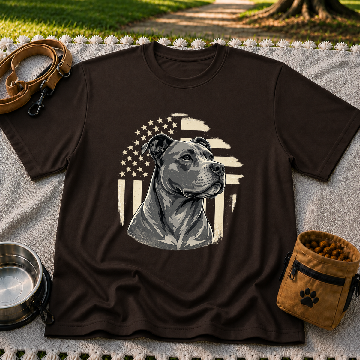 Patriotic Pit Bull Dog design on a Dark Chocolate T-shirt.
