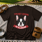 Dark Chocolate T-shirt mockup featuring French Bulldog portrait in a circular badge above a red Trust Dogs Not Billionaires ribbon.