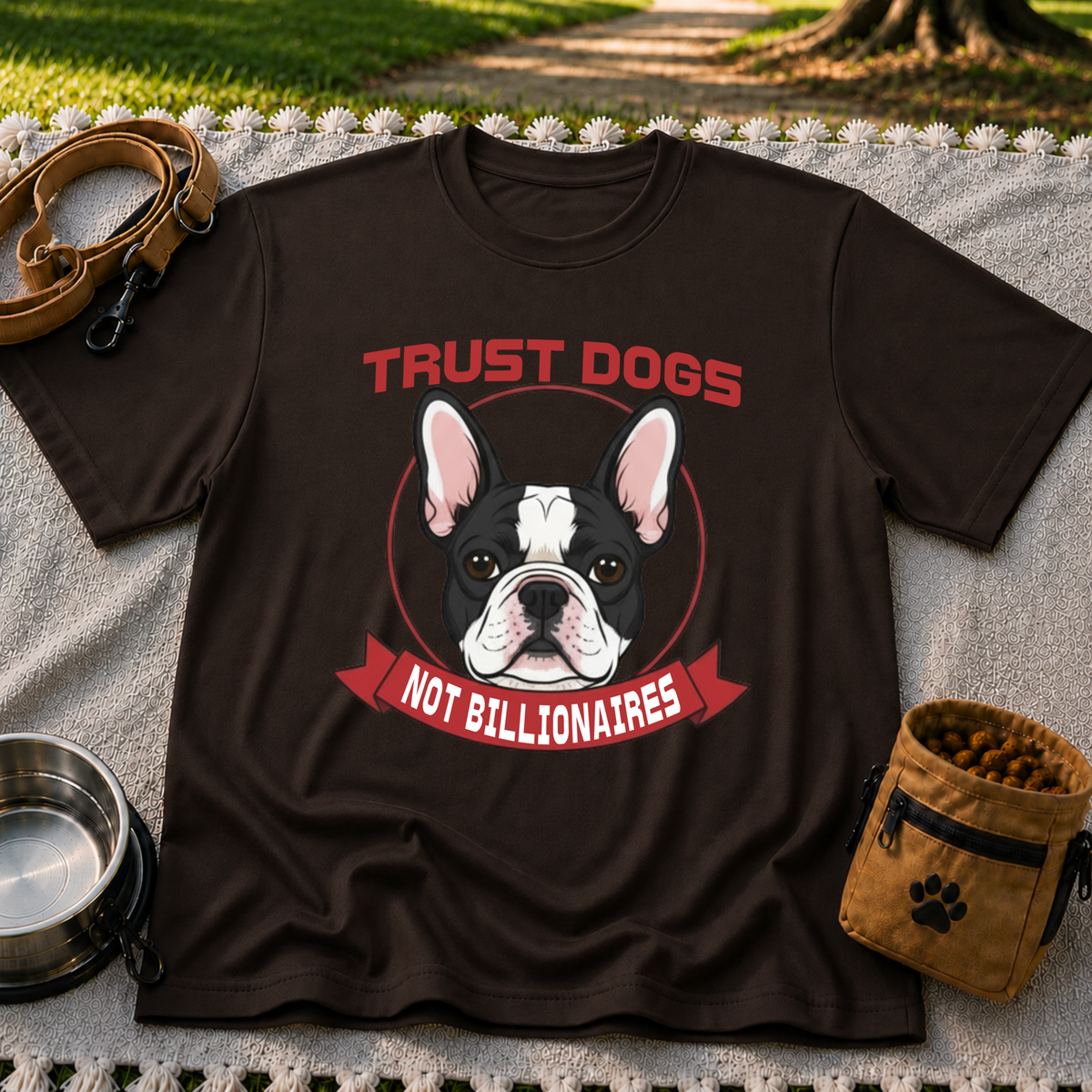 Dark Chocolate T-shirt mockup featuring French Bulldog portrait in a circular badge above a red Trust Dogs Not Billionaires ribbon.