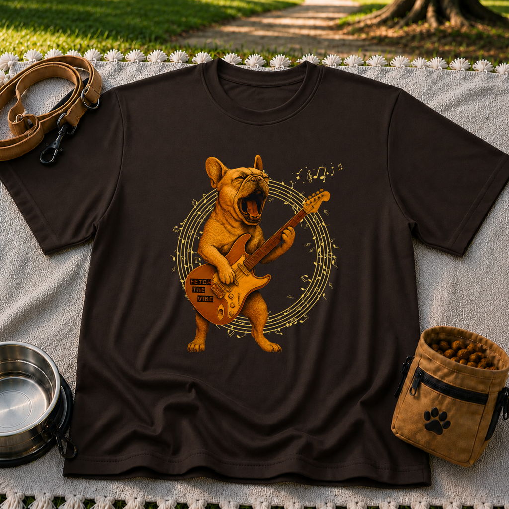 Rocking French Bulldog Guitar artwork on a Dark Chocolate T-shirt.