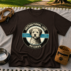 Dark Chocolate T-shirt mockup featuring shaggy dog portrait on a record label with playful track names.