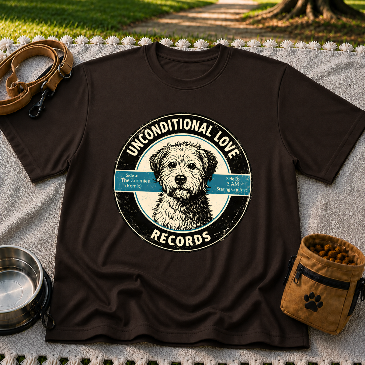 Dark Chocolate T-shirt mockup featuring shaggy dog portrait on a record label with playful track names.