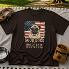 Dark Chocolate T-shirt mockup featuring pug portrait against a distressed American flag with patriotic lettering.